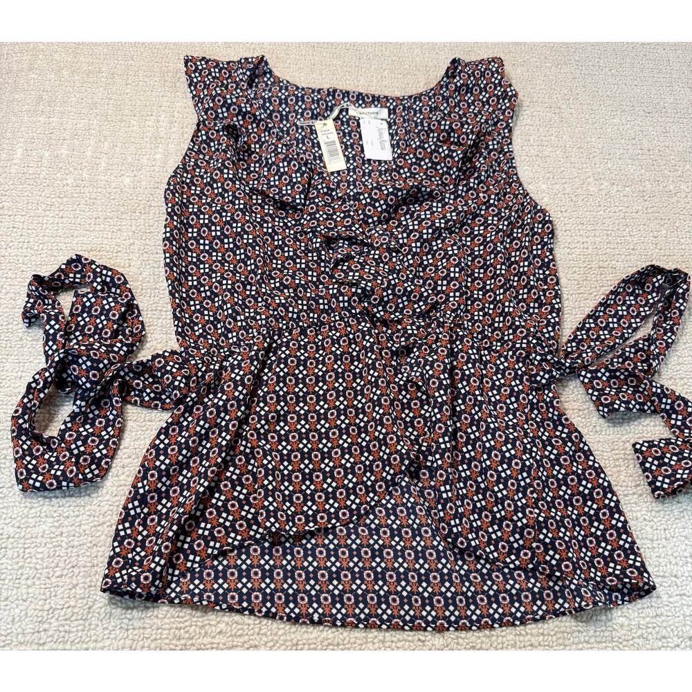NWT Max Studio Women's L Navy Blue Red Sleeveless Printed Tie Waist Blouse